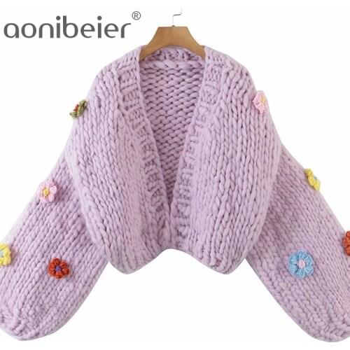 Aonibeier 2021 Za Woman Traf Crop Tops Autumn Winter Heavy Chunky Knit Cardigan Sweet Crochet Flowers Design Loose Sweaters
