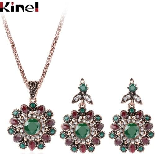 Kinel Vintage Jewelry Wholesale Fashion Antique Gold Crystal Flower Necklace And Earrings For Women 2Pcs Wedding Jewelry Sets