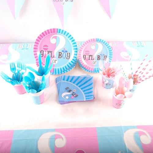 114Pcs Gender Reveal Party Baby Shower Decorations Disposable Tableware Set Paper Plates Cups Napkin Banner Party Decor Supplies