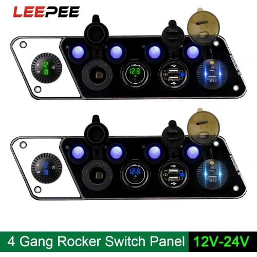 4 Gang Switch Panel QC3.0 PD Dual USB Digital Voltmeter Clock Charger Socket Cigar Lighter For Car Marine Waterproof 12-24V 36W