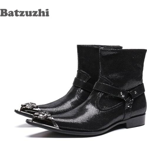 Batzuzhi Luxury Italian Type Men Boots Iron Toe Black Ankle Boots Men Strap Fashion Cowboy Motorcycle Botas Hombre, Big Size 46