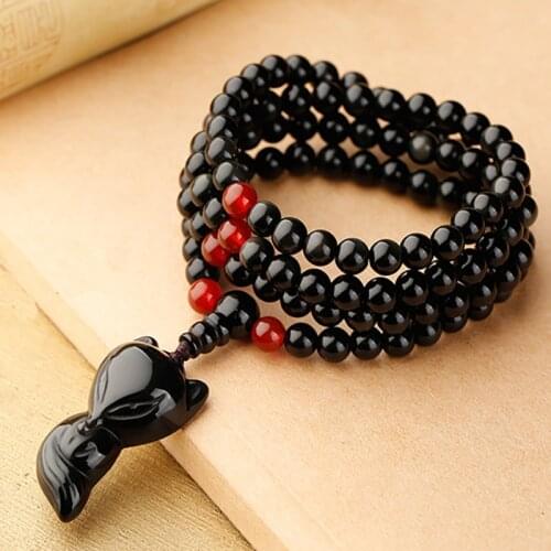 Natural Stone Fox Bracelet Black Obsidian 108 Multiple Circles Beads Bracelets Long Jewelry Tail Fox Marriage Feeling Bracelet