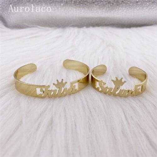 AurolaCo Customiz Name Bracelet with Crown Personalized Custom Cuff Bangles Women Men Rose Gold Stainless Steel Jewelry Gifts