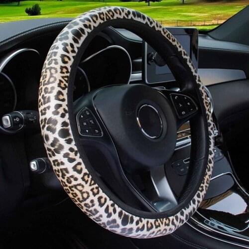 For 37-38CM Car Steering Wheel Cover Non-Slip Leopard Leather Style Steering Covers Car Accessories Decoration Beige Gray