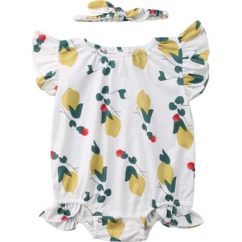 Baby Clothes Newborn Summer Baby Girl Clothes Jumpsuit Ruffles Sleeve Lemon Bodysuit + Headband Outfits Set
