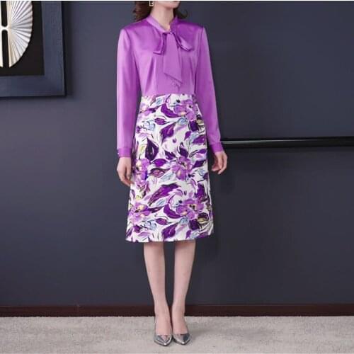 Only Puls Printed Dress Autumn 2021Temperament Self-Cultivation Stitching Elegant Long-Sleeved Thin A-line Skirt Bow Office Lady
