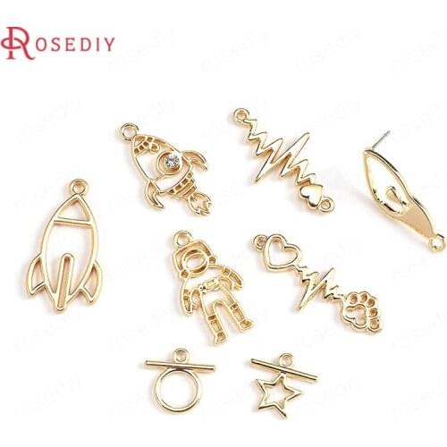 F318)20 pieces Gold Color Plated Zinc Alloy Round Circle Star Heart Astronaut Rocket Charms Diy Jewelry Findings Accessories