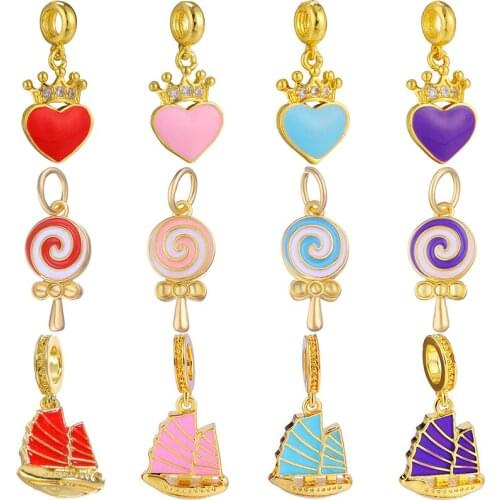 Juya 6pcs/Lot Gold Crown Love Heart Lollipop Boat Handmade Enamel Charms For Needlework Mothers Day Gift Pendant Jewelry Making