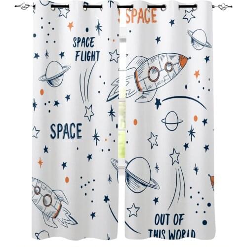 Rocket Flying Cartoon Universe Space White Window Curtain for Kids Room Bedroom Curtain for Girls Colorful cortinas