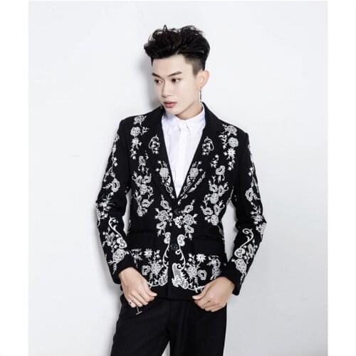 M-3xl Autumn And Winter Embroidery Small Suit Jacket Mens Single Tops Printing Slim Tide Hairstylist Blazers Singer Costumes