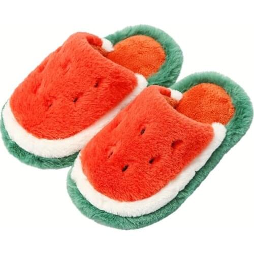 Children Cute Cartoon Fruit Watermelon Winter Warm Furry Slippers Girls Anti-Slip Indoor Slides Kids Soft Cotton Bedroom Shoes