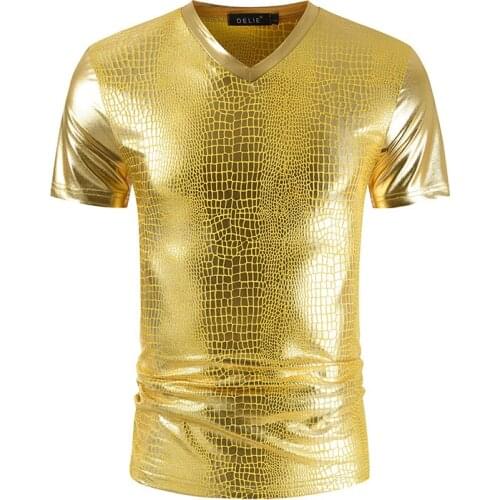 Mens Shiny Gold Coated Metallic V Neck T Shirt Hipster Nightclub Slim Fit Short T-shirt Men Hip Hop Streetwear Camiseta Hombre