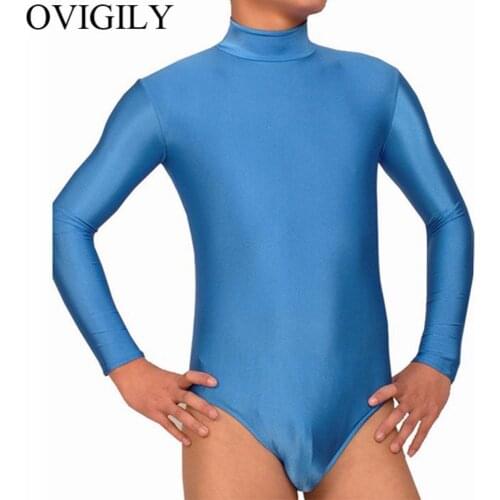 OVIGILY Mens Mock Neck Long Sleeve Leotards For Gymnastics Adults Turtleneck Leotard Dance Leotards Bodysuits Sports For Male