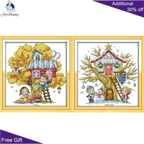 Joy Sunday Tree House Needlework C951 C952 14CT 11CT Counted and Stamped Tree House Autumn Winter Needlepoint Cross Stitch kits