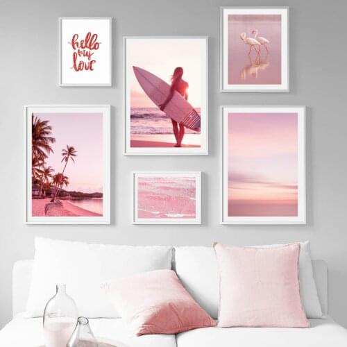 Pink Landscape Wall Art Canvas Painting Beach Surf Palm Tree Quote Nordic Posters And Prints Wall Pictures For Living Room Decor