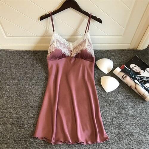 Nightdress female summer new sexy strap nightdress with chest pad ice silk temptation home service charming la robe du soir