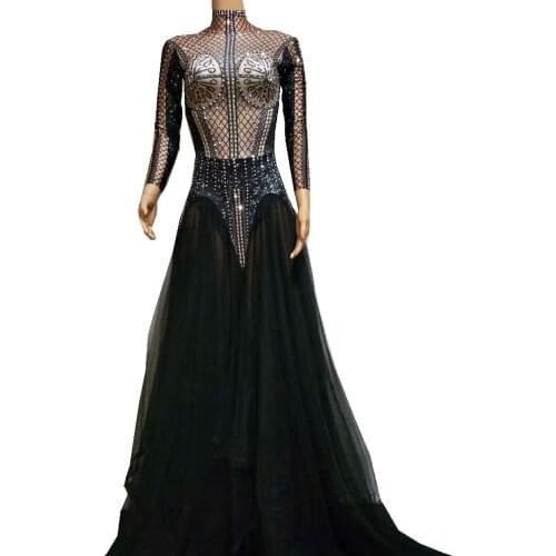 New Glisten Long Sleeve Rhinestone Black Voile Long Dress Women Nightclub Performance Outfit Graceful Evening Prom Party Dresses