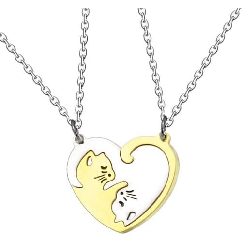 Couple Stainless Steel Necklace Fight Two-color Cat Heart Pendant Necklace Valentines Day Gift Necklace Jewelry