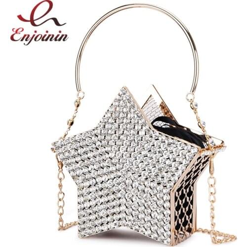 Luxury Diamond Silver Star Design Evening Clutch Bag for Women New Hollow Out Small Metal Cage Ladies Chain Purses and Handbags