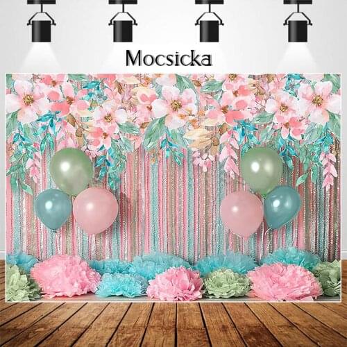 Pink Watercolor Flowers Photography Studio Photo Background Children Birthday Cake Smash Photography Backdrop Balloon Decoration