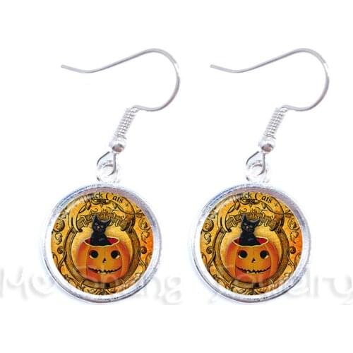 Lovely Cat Pumpkin Drop Earrings Round Glass Cabochon Animal Handmade Earrings Creative Halloween Jewlery For Women Girls Gift