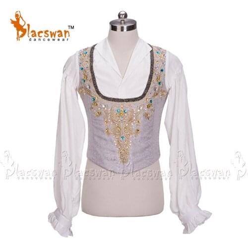 Men Professional Ballet Costume White Silver Boys Ballet Stage Costume Mans Performance Ballet Tunic Jacket Mock 2 pieces BT793