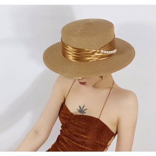 Summer Flat Top Straw Hat Women Big Wide Brim Beach Hat Elegant Retro Pearl Sun Hat Anti-UV Panama Hat Bone Chapeu Feminino