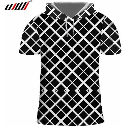 UJWI Mens New Cool Tee Shirt 3D Printed Creative Black and white grid Stitching Clothing Spandex Hooded Tshirt Dropshipping