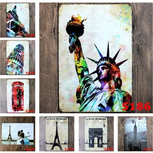 Vintage Metal Tin Sign of Statue of Liberty Leaning Tower of Pisa Eiffel Tower Triumphal Arch Telephone Box for Bar Decoration