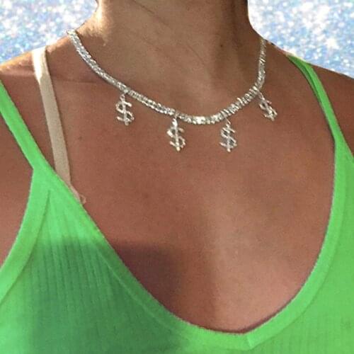 Y2K Jewelry Shiny Crystal Dollar Necklace For Women Metal Cool Fashion Punk Necklace Charms 90s Aesthetic New Gifts 2021