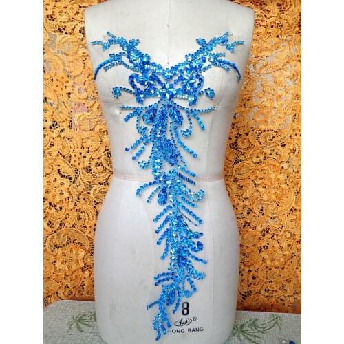 Zbroh Pure hand made sky blue sew on Rhinestones applique crystals patches 58*28cm dress accessory