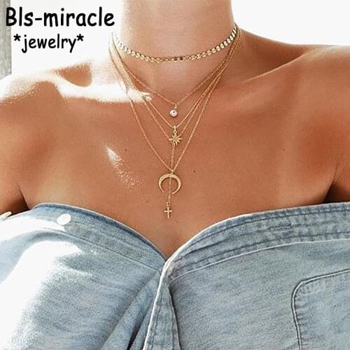 Boho Fashion Crystal Eye Sun Cross Horns Sequins Pendant Necklaces For Women Vintage Gold Necklace Multilayer Female Jewelry