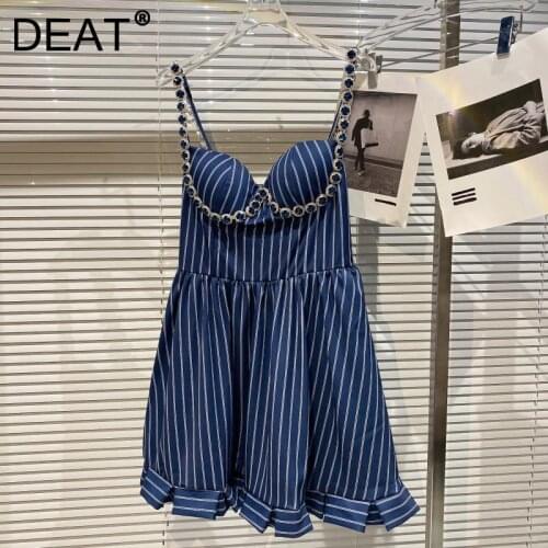 DEAT Women Sling Striped Rhinestone Dress Square Collar Sleeveless New Lady Temperament Fashion Spring Summer 2021 11D1078
