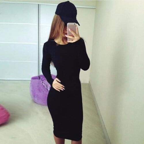 Womens Casual Basic Autumn Winter Solid Black Bodycon long sleeve Club Dress drop shipping