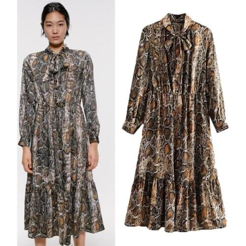2020 Summer New Dress Snake Print High Waist Collar Tie Long Sleeve Casual Chiffon a Line Dress High Quality Sexy Ladies dress