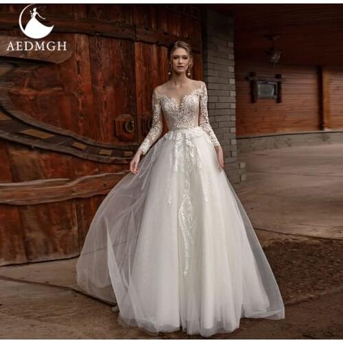 Aedmgh A-Line Wedding Dresses 2021 Sweetheart Long Sleeve Court Train Vestido De Novia Lace Appliques Backless Robe De Mariee