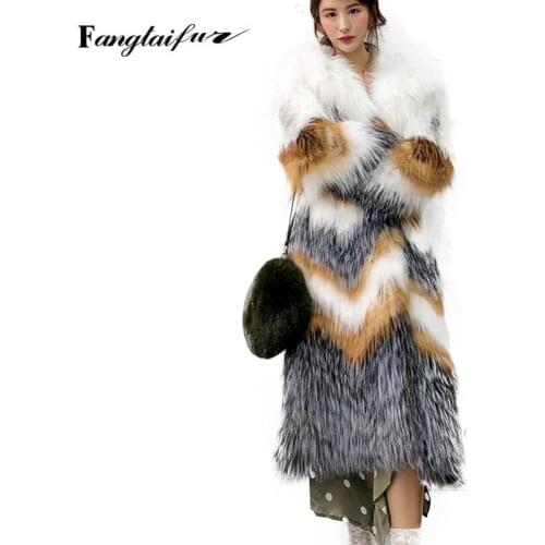 Ftangaiur 2021 Winter Women Import Fox Fur Coat Slim Turn-Down Collar Striped Fox Fur Coats Womens Real X-Long Fox Fur Coats