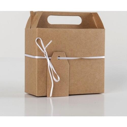 10pcs Large Size Kraft Present Box for Candy Dragee Packaging Paper Box Bag Kraft Paper Gift Bag with Handles Wrapping Paper Box