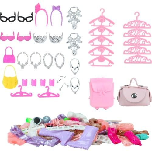 48 Pcs/Lot = 12x Shoes + 2x Bags Handbags +10x Hangers + Random 24x Accessories Clothes for Barbie Doll DIY House Toys