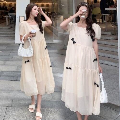 90200# Maternity Dress Summer Cotton Short Sleeves Gauze Patchwork Midi Dress Plus Size Pregnancy Dress Pregnant Women Mom Dress