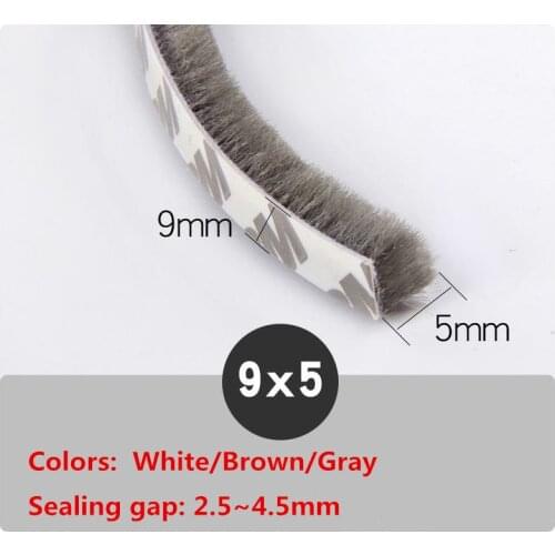 9x5mm 250meters/lot White/Gray/Brown Door Window Draught Excluder Brush Weather Strip Seal Tape 3M Gum Burlete Foam Seal Strip
