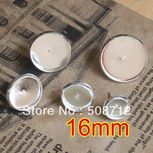 Free shipping!!! EP071 500sets 16mm Silver Plated Stud Earring Blanks Base Tray Bezel Cameo Setting Post Bullet Stopper Back