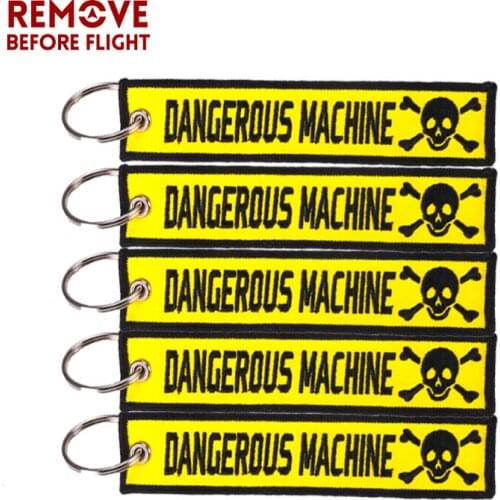 50 PCS Dangerous Machine Warning Tag Skull Keychain for Factory Motorcycles and Cars Key Tags Embroidery Yelloew Danger Keychain