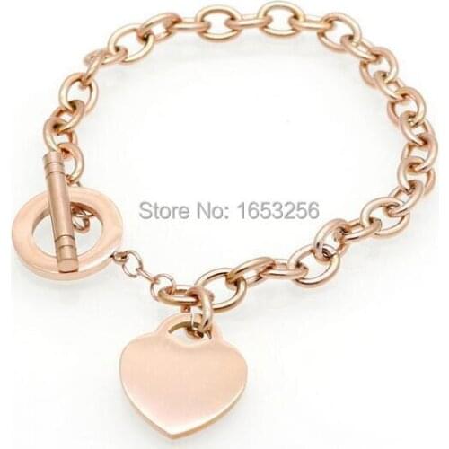 New Fashion design IP Rose Gold Stainless Steel Link Chain Sweet Heart Tag Charms Bracelet for wife / mother gifts 7.28