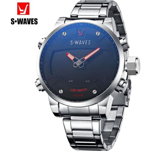 SWAVES Fashion Watch Men Luxury LED Quartz Dual Display Montre Homme Waterproof Multi Function Stainless Steel Wristwatch Mens