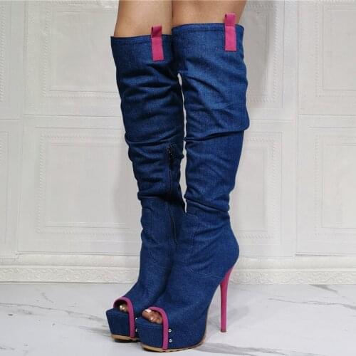Denim Open Toe Boots Fancy Shoes Long Ladys Thigh High Boots Thin High Heel Big Size 47 Platform Over Knee High Boots
