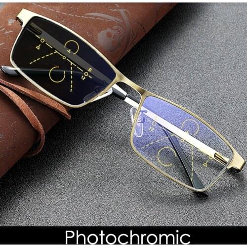 Photochromic Progressive Multifocal Reading Glasses Men Women Anti Blue Light Far Near Presbyopia Glasses High Quality Gold