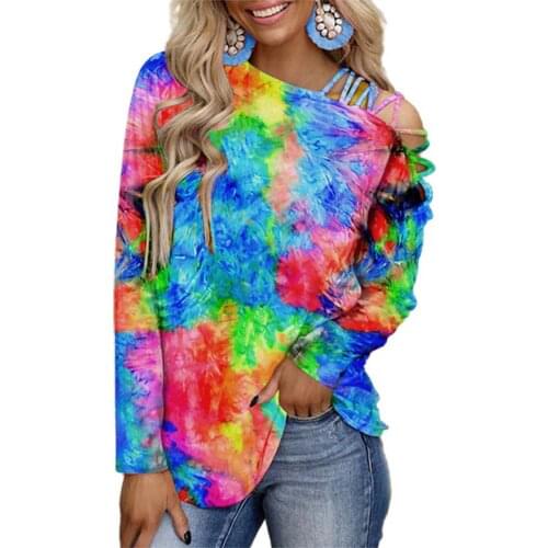 Hot Women T-shirt Tie Dye Slant Collar Long Sleeve Off Shoulder T Shirt Dating Summer T-shirt Womens Clothing