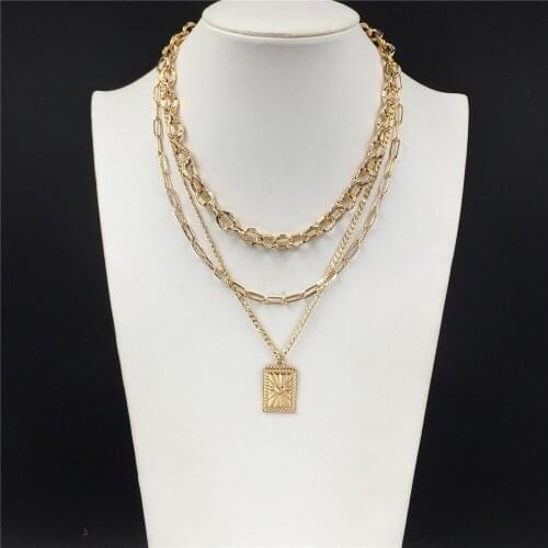 Trendy Gold Color Plating Heart Engraved Lariat Chunky Chain Layered Necklace For Women Girl Elegant Gorgeous Lovely Jewelry