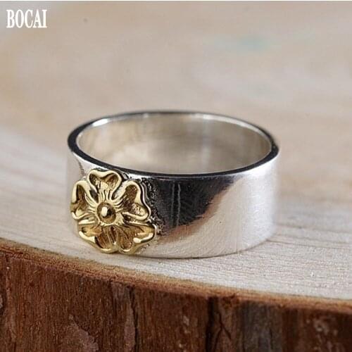 BOCAI New S925 pure silver mens and womens ring fashionable and simple golden rose flower Thai silver man ring
